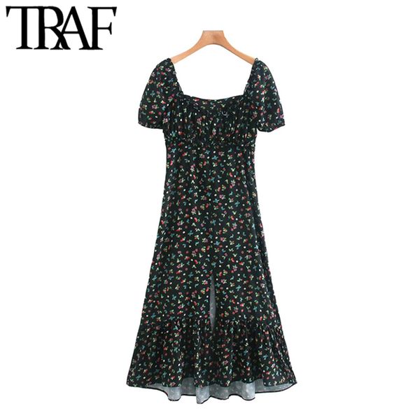 

traf women chic fashion floral print ruffled slit midi dress vintage square collar short sleeve female dresses mujer 210415, Black;gray