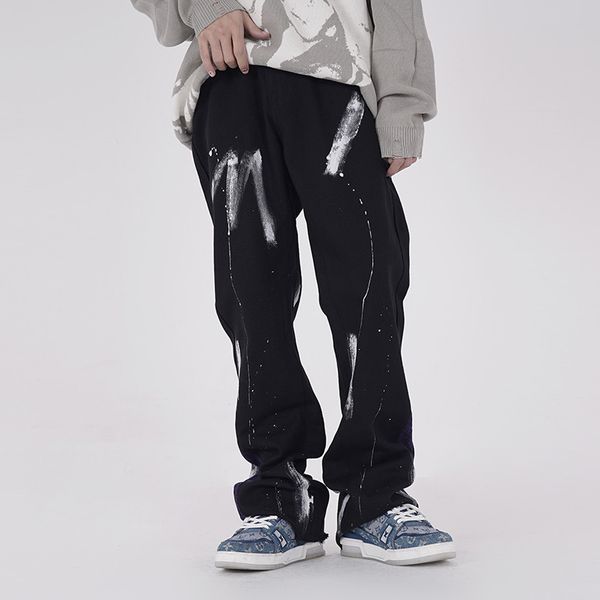 

high street painted straight washed jeans pants men and women oversize wide leg loose pockets casual denim trousers, Black