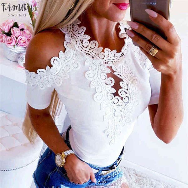 

women lace blouses fashion short sleeve applique casual off shoulder blouse ladies shirts, White