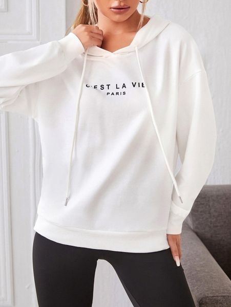 

slogan print drawstring hoodie t3dj#, White;black