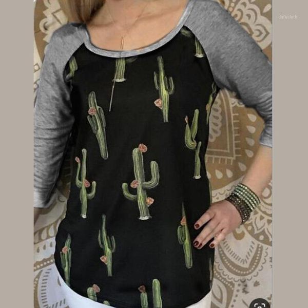 

women's t-shirt slim cactus print round neck long sleeve women, White