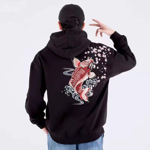 

men's hoodies & sweatshirts japanese streetwear graphic hoodie koi fish embroidery men, Black