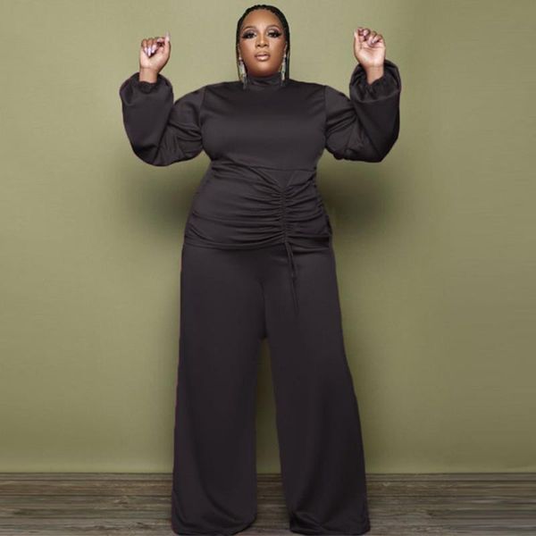 

plus size tracksuits women clothing pure color round neck long sleeve drawstring leisure wide-legged pant two piece set wholesale items, Black