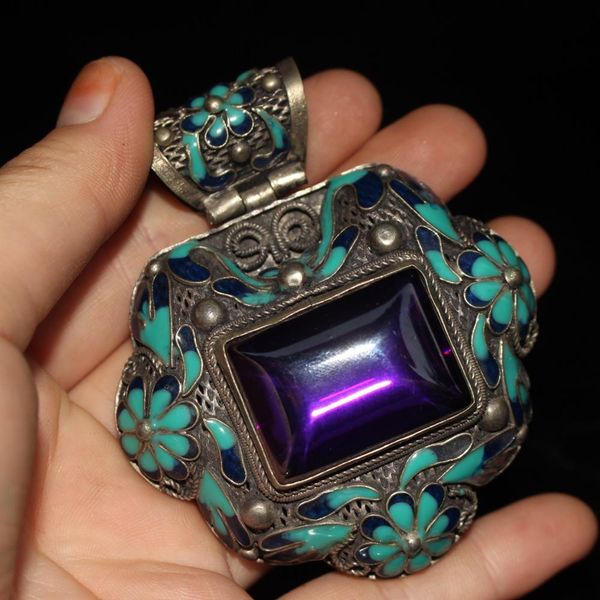 

china old tibetan silver cloisonne inlaid with zircon pendant, Brown