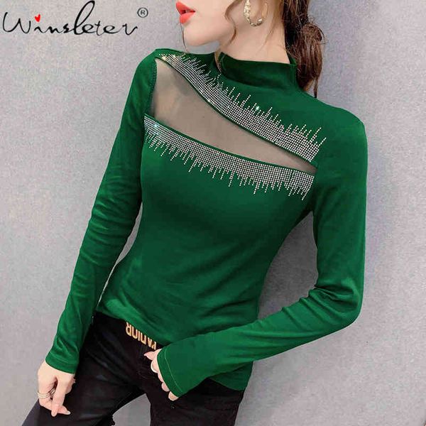 

women's t-shirt spring fall european clothes chic patchwork mesh shiny diamonds ropa mujer cotton bottoming shirt tees t, White