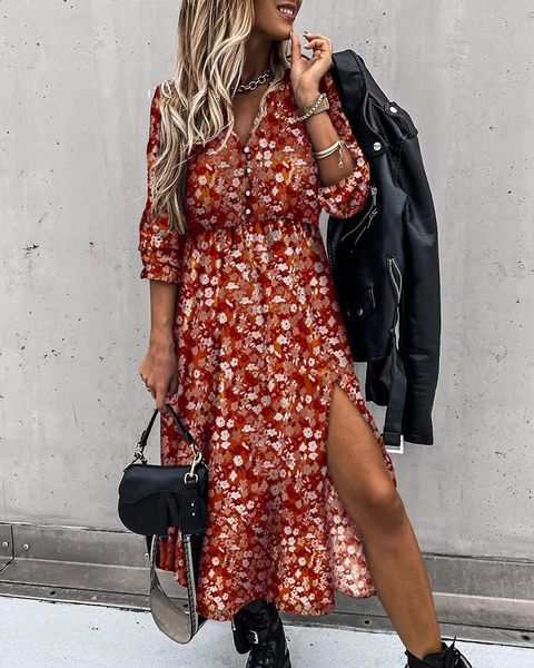 

autumn v-neck long floral dress for women 2021 slim sleeve casual split print female boho elegant party vestidos dresses, Black;gray