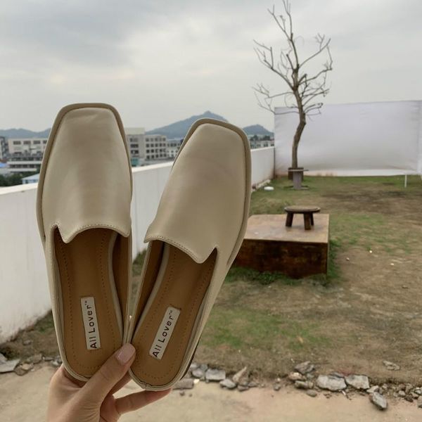 

vintage square toe outdoor slippers women elegant solid mules soft sole ladies shoes slides, Black