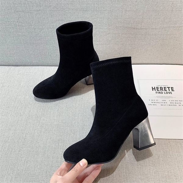 

boots quality suede women metal decoration shoes woman round toe thick heels ankle lace fall winter zipper fashion a0z2, Black
