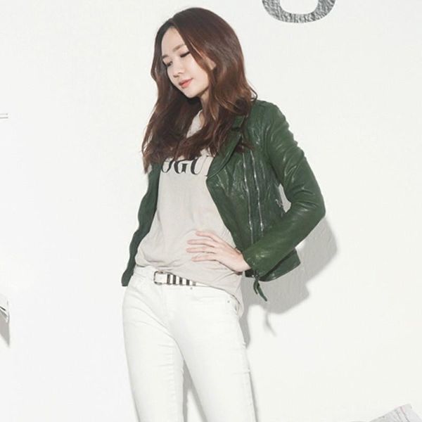 

women short biker 100% sheepskin genuine leather jacket army green slim fit punk coat zipper motor jackets women's & faux, Black