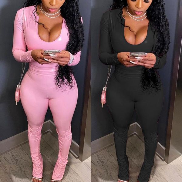 

women's tracksuits 2021 autumn and winter pu solid color long-sleeved casual leggings two-piece suit, Gray