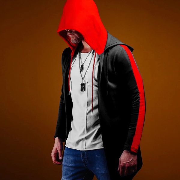 

men's hoodie contrast color hooded zipper polyester long long sleeve striped clothing hooded jacket coat new style in autumn winter, Black