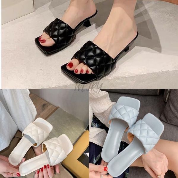 

square toe slippers women peep med heel 4cm slides summer shoe embroidery mule massage outsole slipper size 35-41, Black