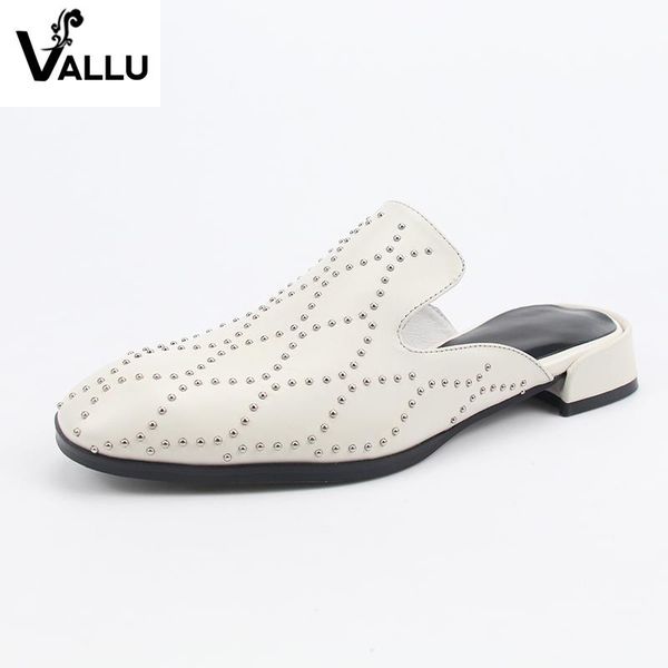 

fashion shoes women slides cover toes genuine leather ladies rivet mules outdoor slippers, Black