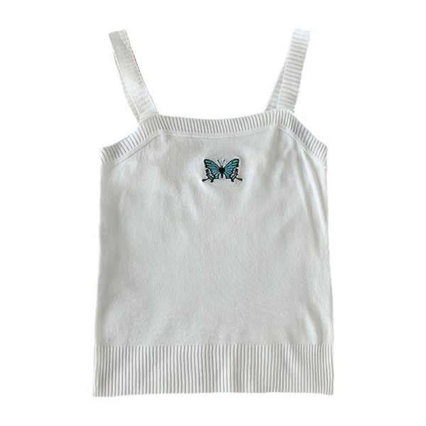 

women's tanks & camis women sleeveless tank ribbed knitted bright candy color vest butterfly embroidery slim off shoulder streetwear, White