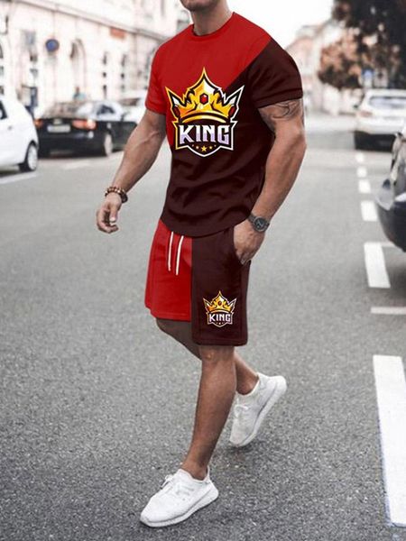 

jogging clothing mens 3d printing 2-piece set sportswear suits tracksuit shorts+tshirts summer casual clothes short sleeve o neck shirts, Black;red