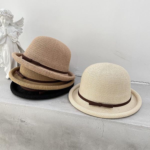 

wide brim hats korean style cotton linen bucket four seasons bowknot ventilate panama cap elegant hemming fedora sunscreen sunbonnet women, Blue;gray
