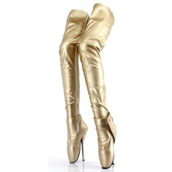 

boots gold over the knee fetish boot ballet heels locks thigh high for women shoes plus size 46 pole dance shoe botas, Black