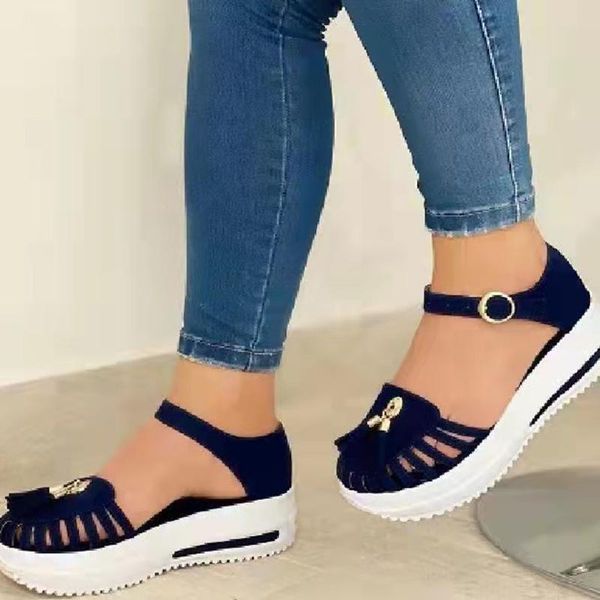 

woman tassel buckle straps platform sandals women flats hollow out wedges summer ladies shoes female footwear plus size, Black