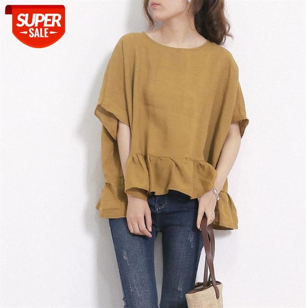 

530-0024 literary style casual solid color shirt women round neck pullover ruffled cotton and linen blouse #8y6r, Black;gray