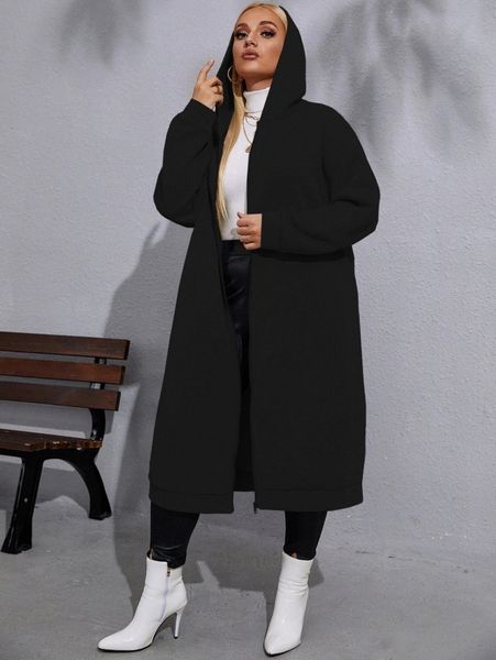 

plus solid drop shoulder zip up longline hoodie e85r#, Black