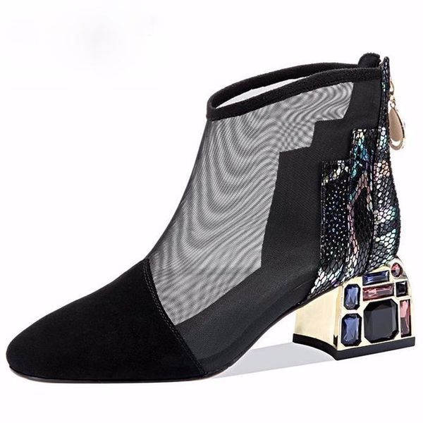 

mesh sandals boots women ankle boot for summer mid heel rhinestone ponited toe shoes hollow out back zip black