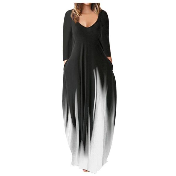 

casual dresses long sleeve print maxi dress plus size swing cocktail party with pocket beach women loose robe femme 40#, Black;gray