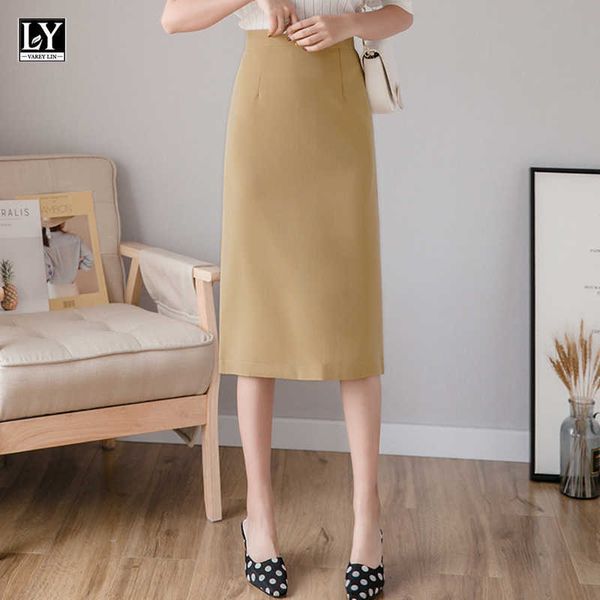 

ly varey lin summer women ol style solid color black split skirts casual slim fit high waist midi pencil skirt female 210526