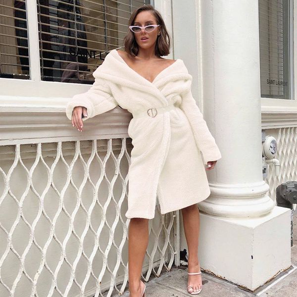 

women's wool & blends women faux fur coat fluffy warm outwear plush turn down collar hairy winter pink loose cardigan trench pure color, Black