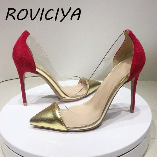 

dress shoes summer pump transparent pvc 12cm high heeled shallow pointed toe woman party spring wedding red gold qp104 roviciya, Black