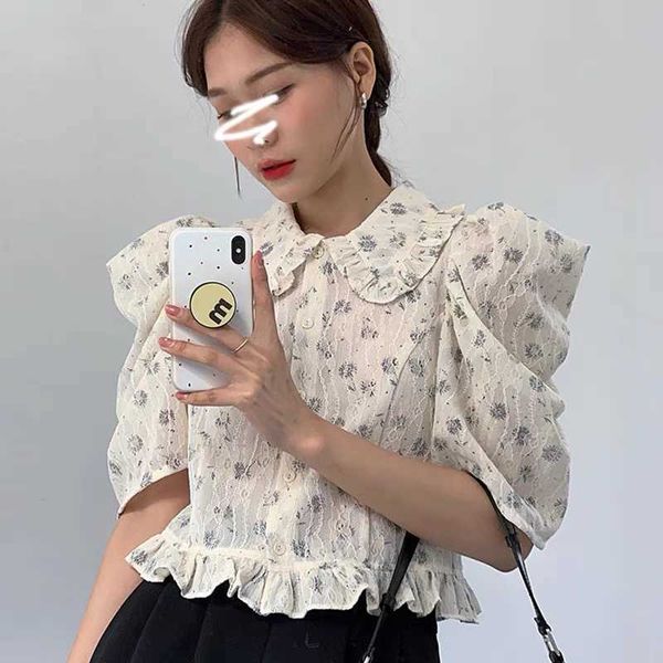 

women's blouses & shirts puff sleeve lace blouse women peter pan collar single breasted vintage elegant ruffles kawaii office, White