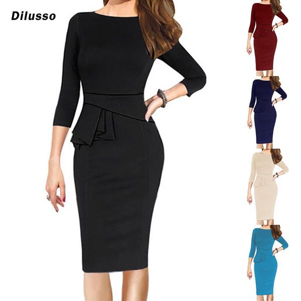 

casual dresses fashion women elegant o-neck half sleeve work office formal pencil sheath dress ladies slim knee-length 2021, Black;gray