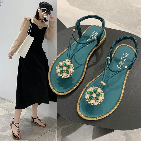 

sandals herringbone flip-flop summer bohemian fashion rhinestone roman shoes seaside flat elastic beach women 2021, Black