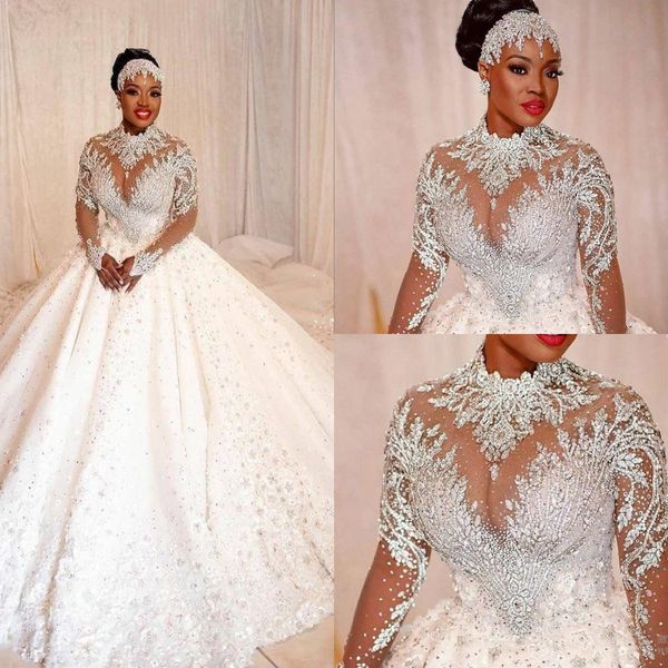 Luxuriöse Ballkleid-Hochzeitskleider in Übergröße, Spitze, appliziert, perlenbesetzt, Stehkragen, muslimische Langarm-Brautkleider aus Dubai, Arabien