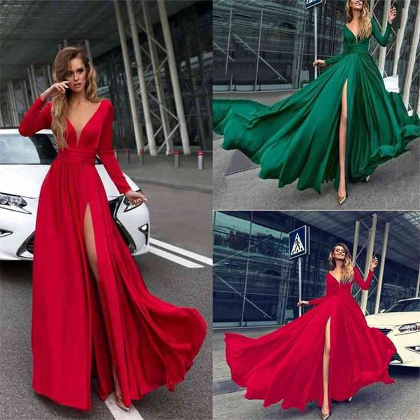 

women dress asymmetrical elegant ladies deep v-neck long sleeve split wedding bridesmaid maxi evening party clothing 210522, Black;gray