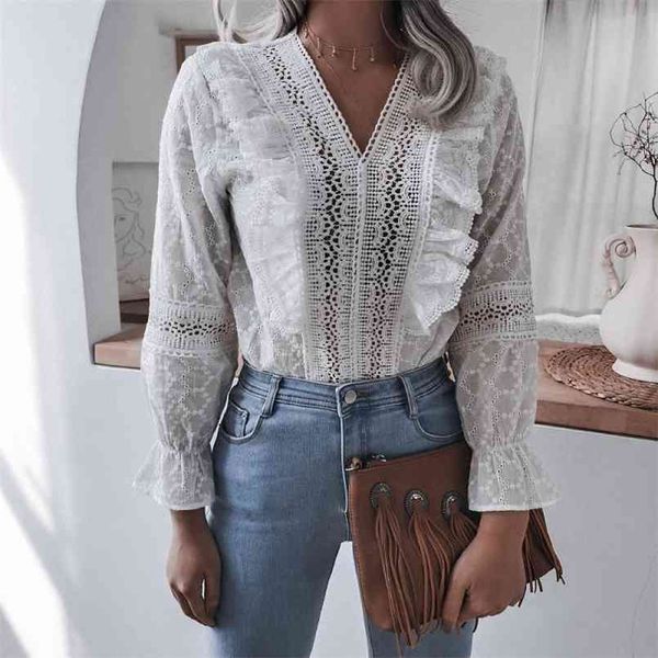 

shirt for women fashion summer ruffled flared long-sleeved casual lace shirt vintage long sleeve blouse 210508, White