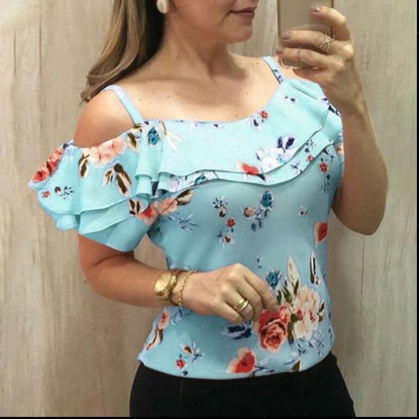 

summer elegant casual floral women blouses print off shoulder short sleeve femme woman clothing plus size sj2264v, White