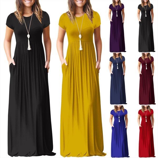 

summer solid pockets casual womens dress maxi oversized short sleeve loose long dresses, Black;gray