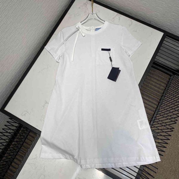 

dress casual a-line cotton t-shirt dress women summer bow tie pocket decoration short sleeve o-neck white fashion cut dresses, Black;gray