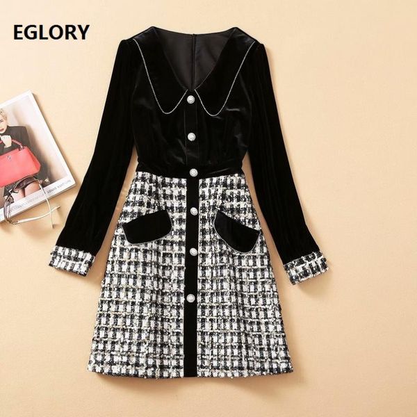 

casual dresses winter dress 2021 fashion style women turn-down collar plaid wool velvet patchwork long sleeve bodycon warm vintage, Black;gray