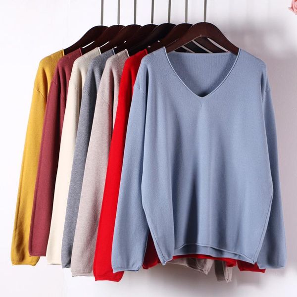 

women's sweaters spring autumn solid color v-neck collar pullover loose knitting women full sleeve oversize casual office lady, White;black