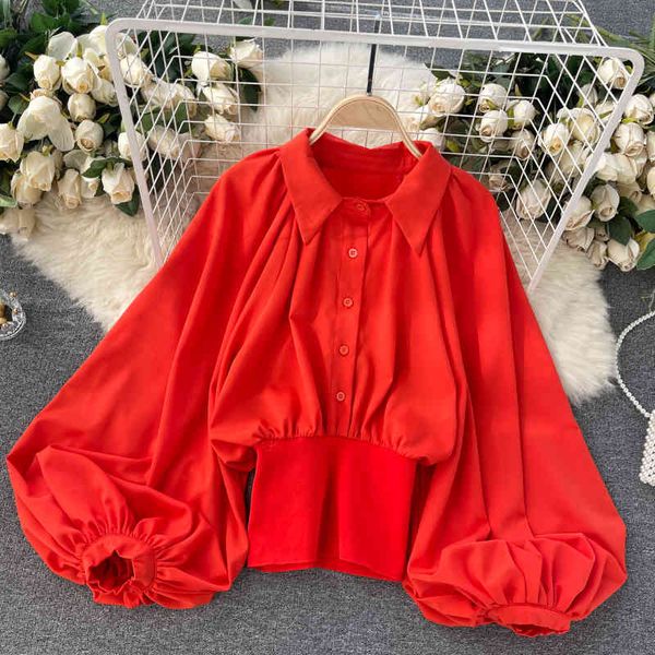 

singreiny women design korean blouse retro turndown-collar lantern sleeve solid casual spring fashion streetwear blouses 210419, White