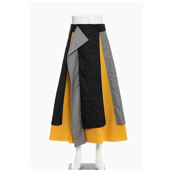

skirts [ewq] women autumn color matching long skirt elastic waisted loose asymmetrical patchwork irregular 2021 16e4234, Black