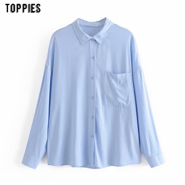 Luz solta camisas azuis para as mulheres rua casual estilo moda tops blusa manga comprida com bolso 210421