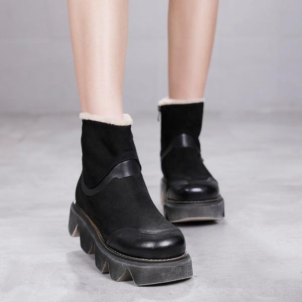 

boots yourseason 2021 winter plush ladies genuine leather zip round toe women vintage wedges ankle platform shoes plus size, Black