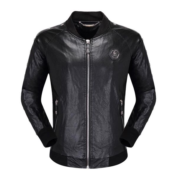 

men solid pp color zipper leather motorcycle jacket autumn winter outerwear coat giacca di pelle men's & faux, Black