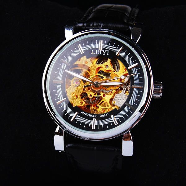 

mechanical men's watch new fashion belt mechanical hollow out, Slivery;brown