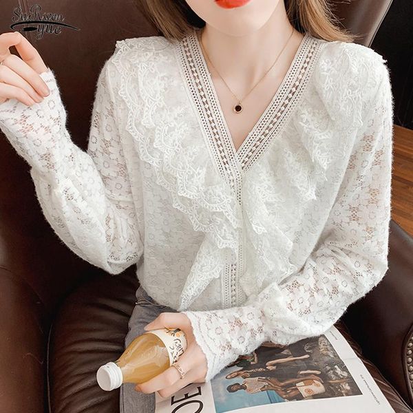 

women's blouses & shirts elegant women lace blouse v-neck ruffle stitch clothes white floral sweet shirt autumn long sleeve chemise fe