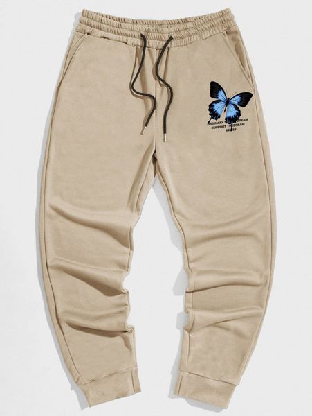 

romwe guys butterfly letter graphic drawstring sweatpants j1by#, Black