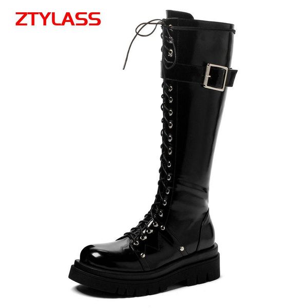 

boots black white knee high women shoes flat heel platform zipper motorcycle winter ladies
