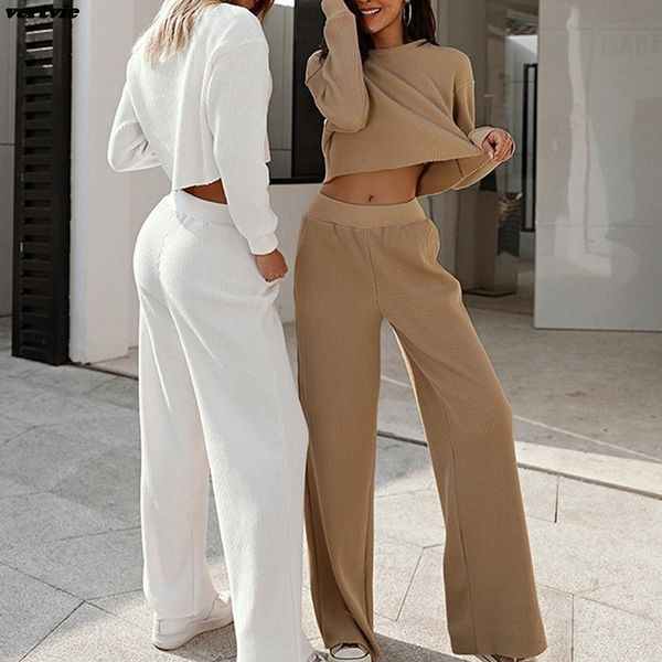 

gym clothing women tracksuits knitted wide leg pants set long sleeve sweatshirts casual sport two pieces autumn loose outfits sportswear, White;black